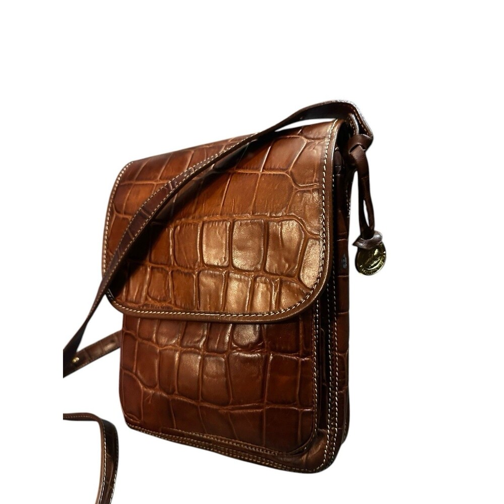 Vintage BRAHMIN Brown Leather Crocs Prints N/S Flap Crossbody Bag